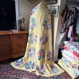 Antique Patchwork Feedsack Quilt with Yellow Base